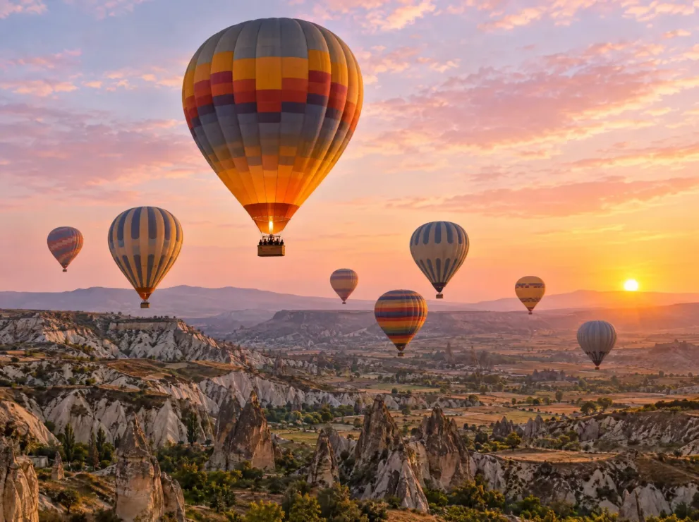 Heißluftballone über einer Felslandschaft bei Sonnenaufgang