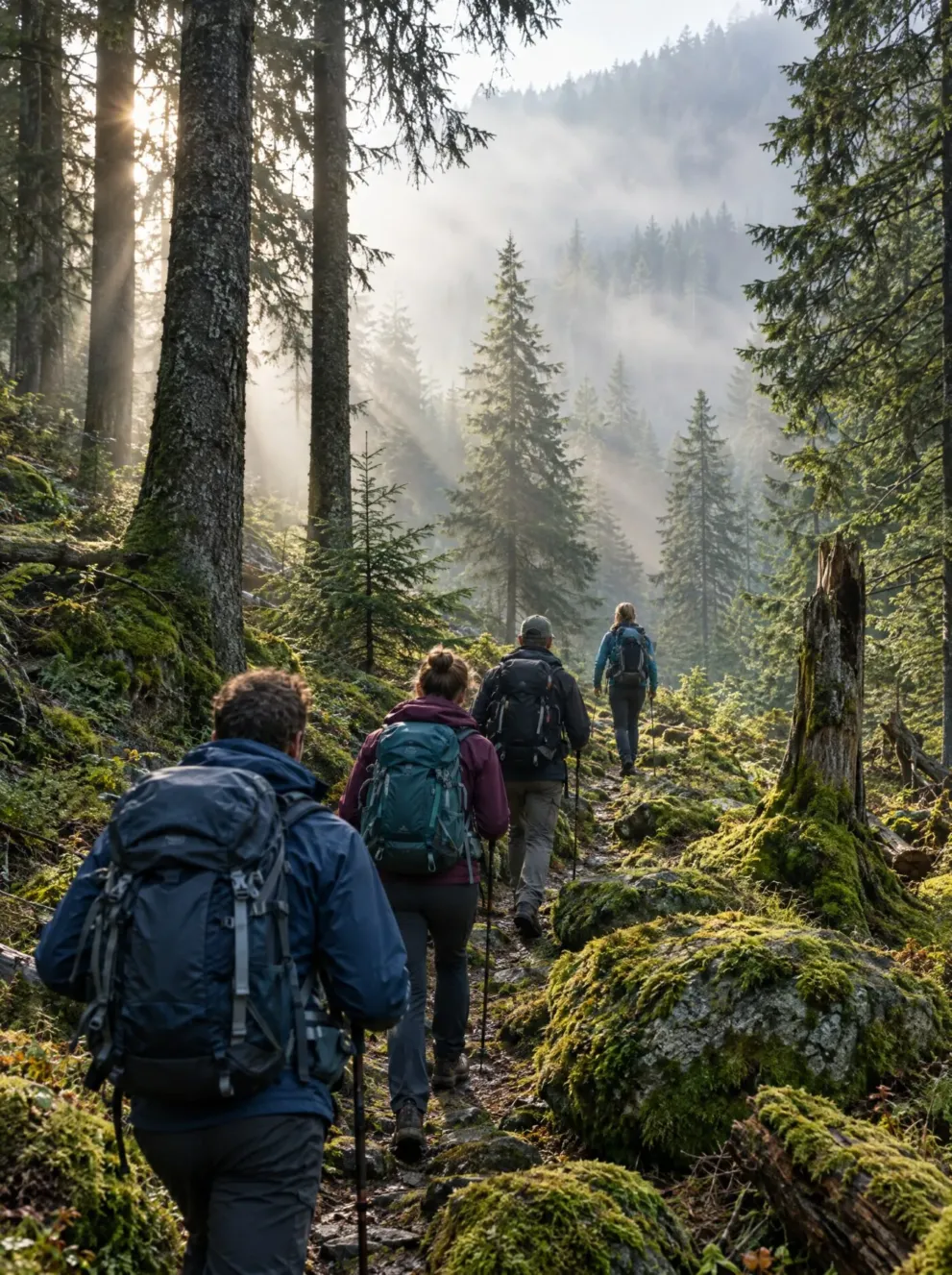 Wandergruppe mit Guide im nebligen Schwarzwald