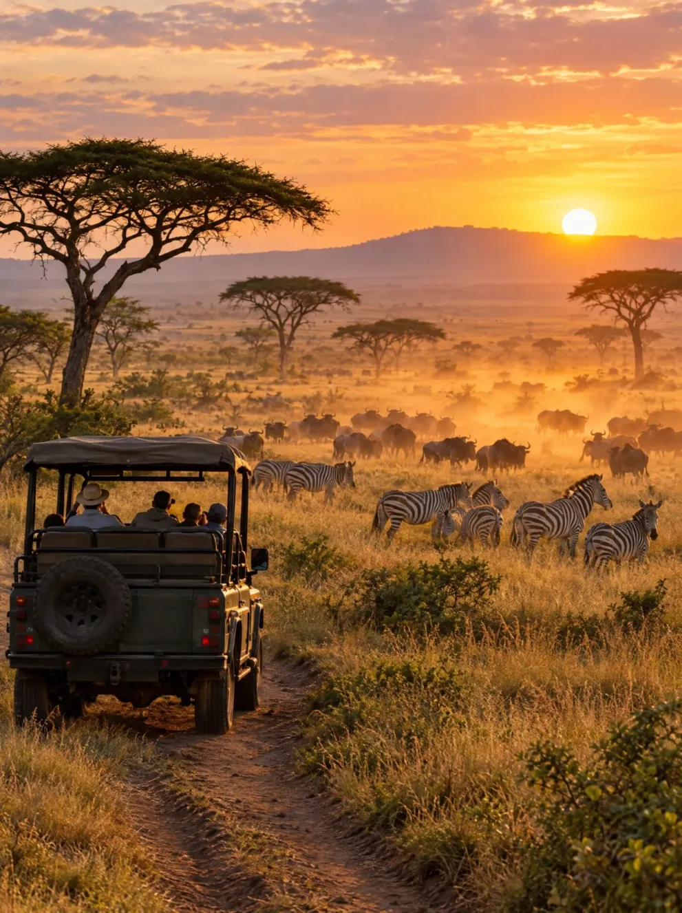Safarifahrzeug mit Zebras in der Serengeti bei Sonnenaufgang