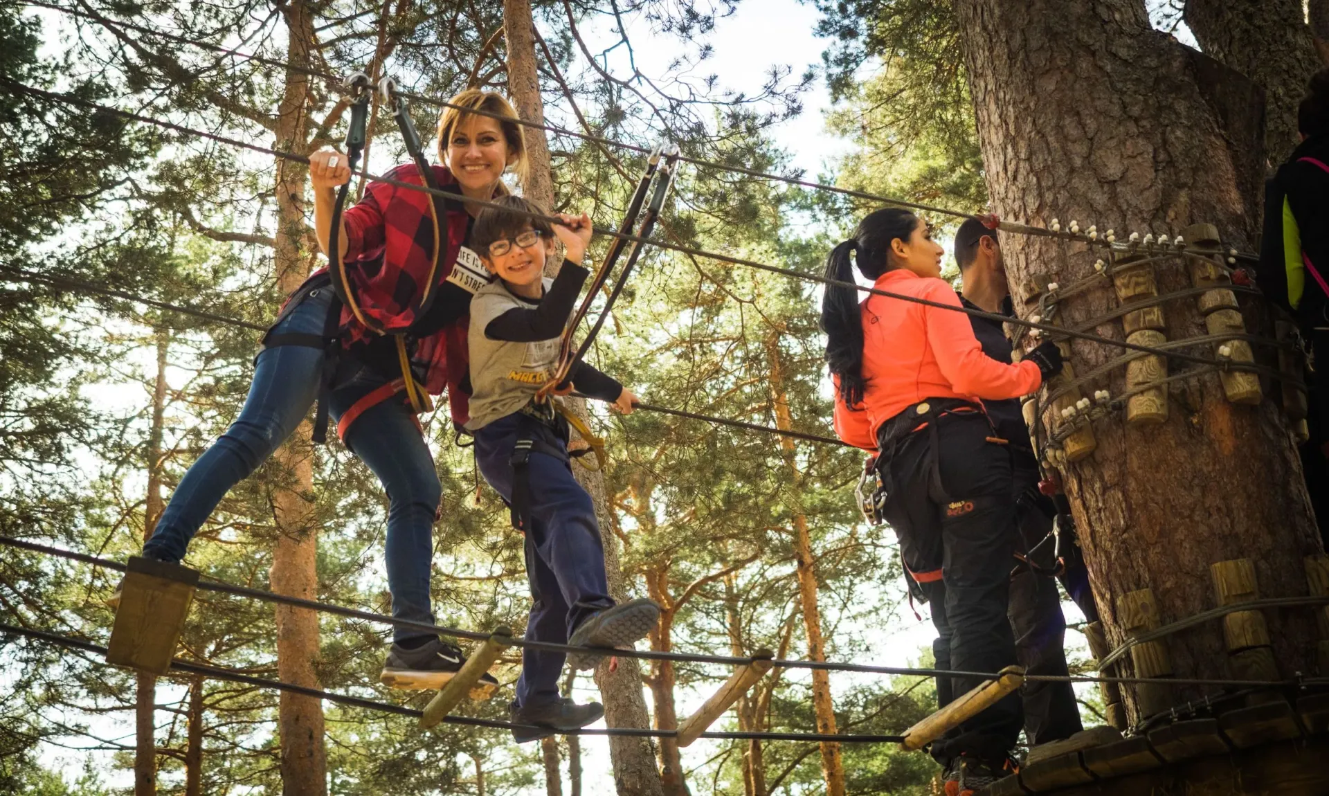 Familie klettert im Hochseilgarten zwischen Bäumen