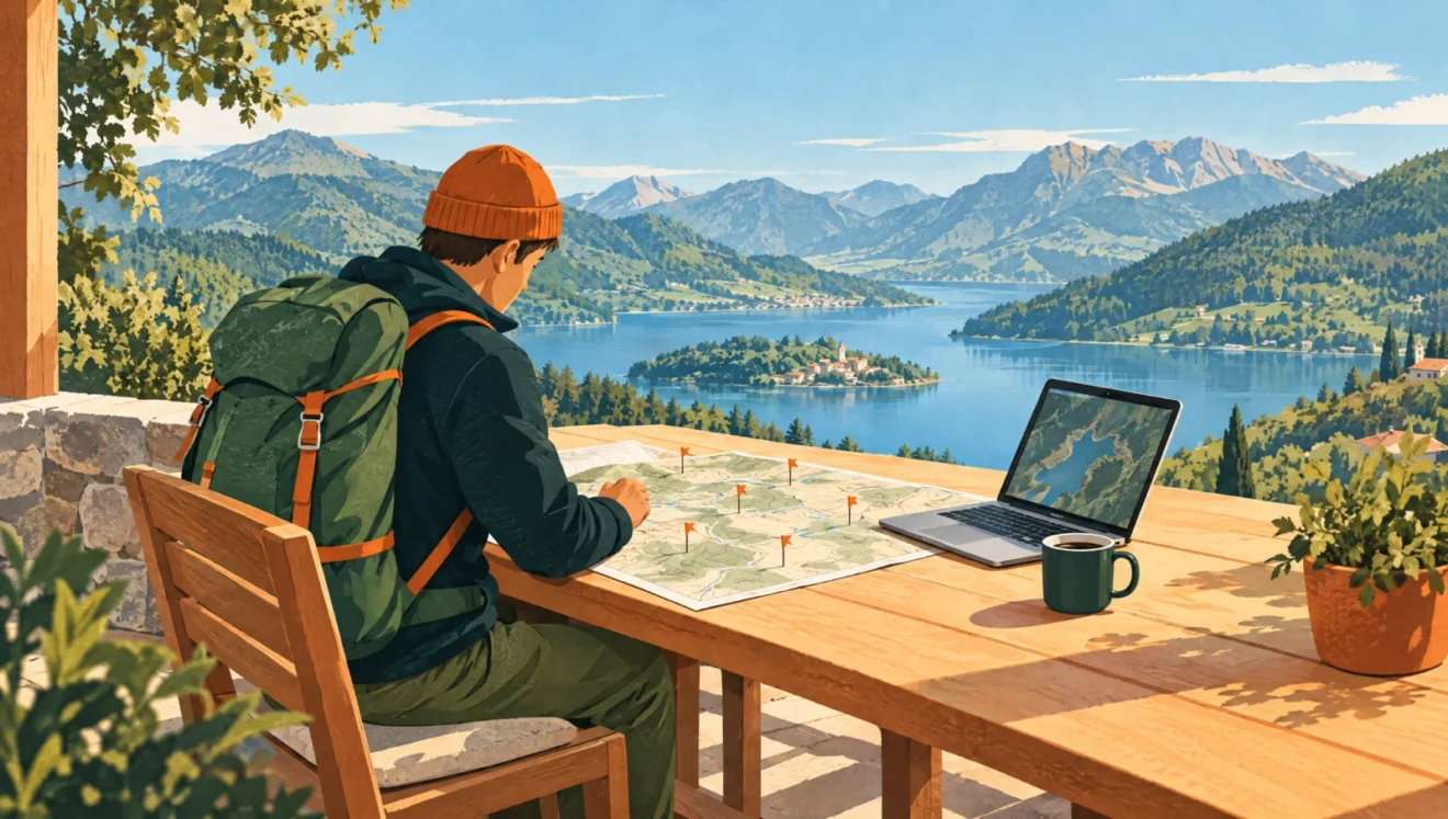 Illustration: Wanderer plant an einem Tisch mit Karte, Fähnchen und Laptop