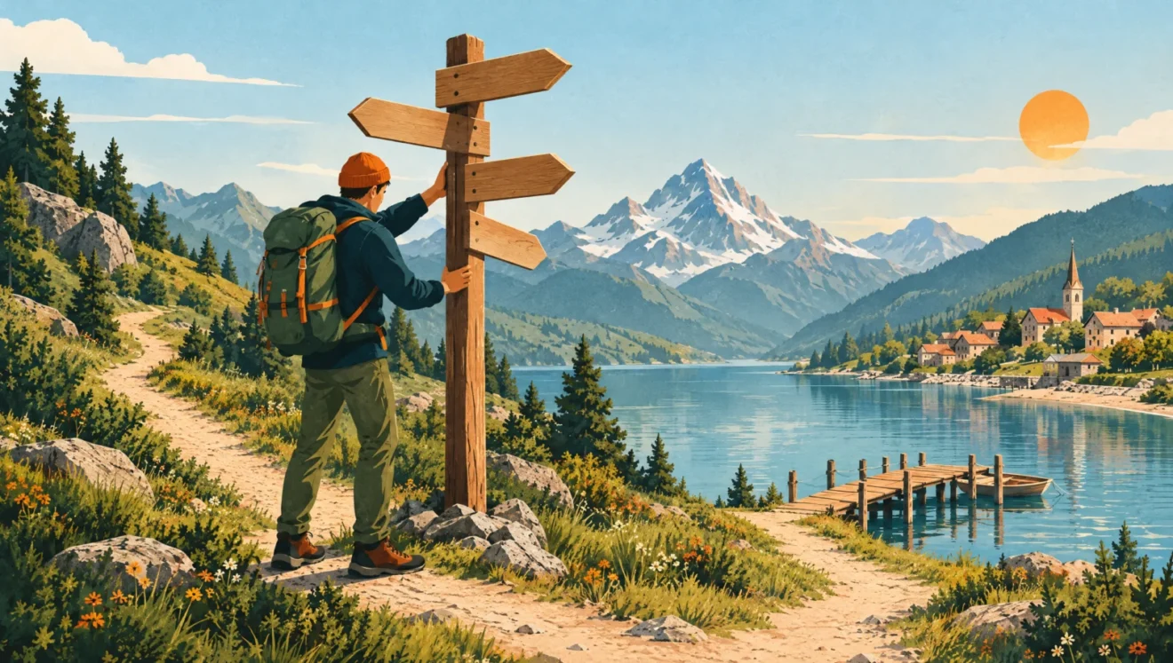 Illustration: Wanderer stellt einen Wegweiser an einem See mit Steg auf