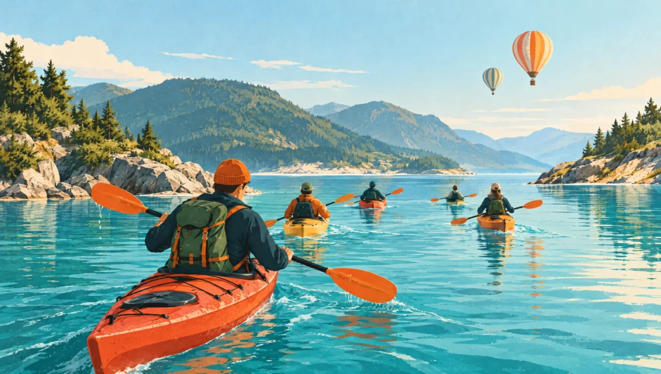 Illustration: Kajakgruppe paddelt los, am Himmel Heißluftballone