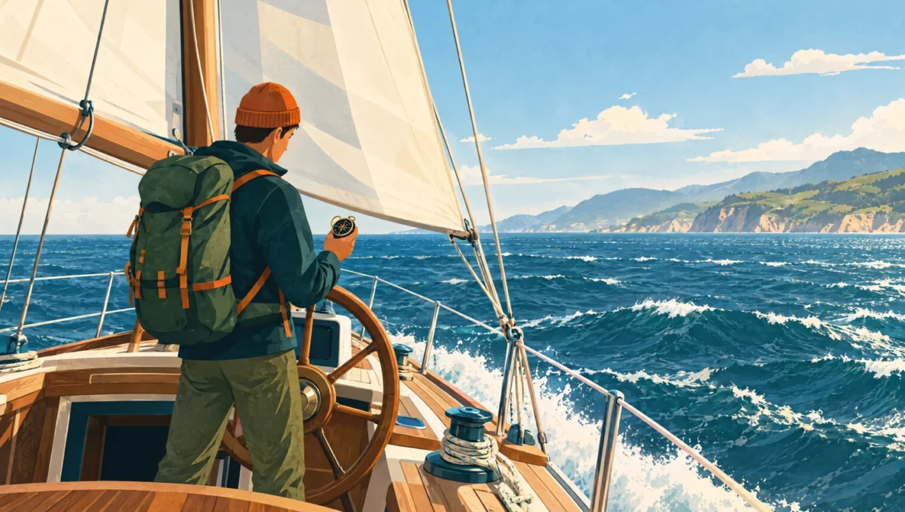 Illustration: Wanderer am Steuer eines Segelboots mit Kompass in der Hand