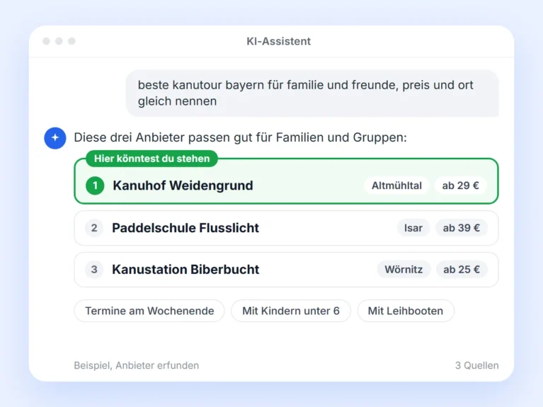 Beispiel einer KI-Antwort: Auf die Frage nach der besten Kanutour in Bayern nennt die KI drei erfundene Anbieter, der erste ist mit „Hier könntest du stehen“ hervorgehoben